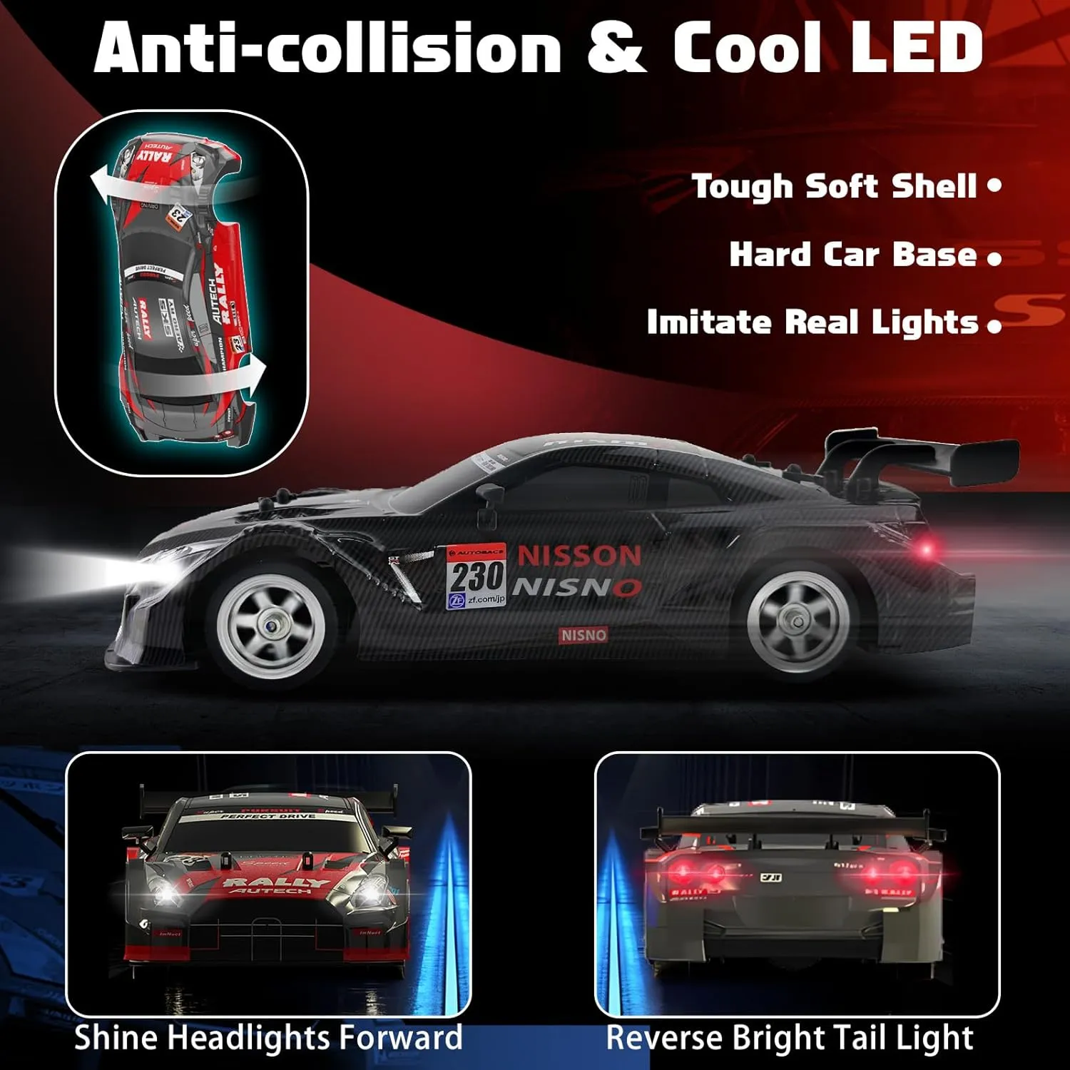 RC Drift Car 2.4GHz, 1/16 Remote Control Cars 4WD Fast Drifting Car Rechargeable RC Cars for Adults Kids Black Hobby Racing Vehicle with Lights Drifting Tire Toy for Boys