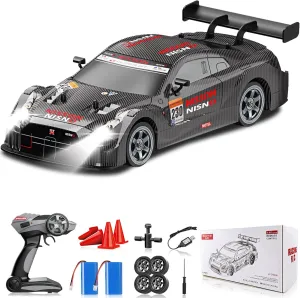 RC Drift Car 2.4GHz, 1/16 Remote Control Cars 4WD Fast Drifting Car Rechargeable RC Cars for Adults Kids Black Hobby Racing Vehicle with Lights Drifting Tire Toy for Boys