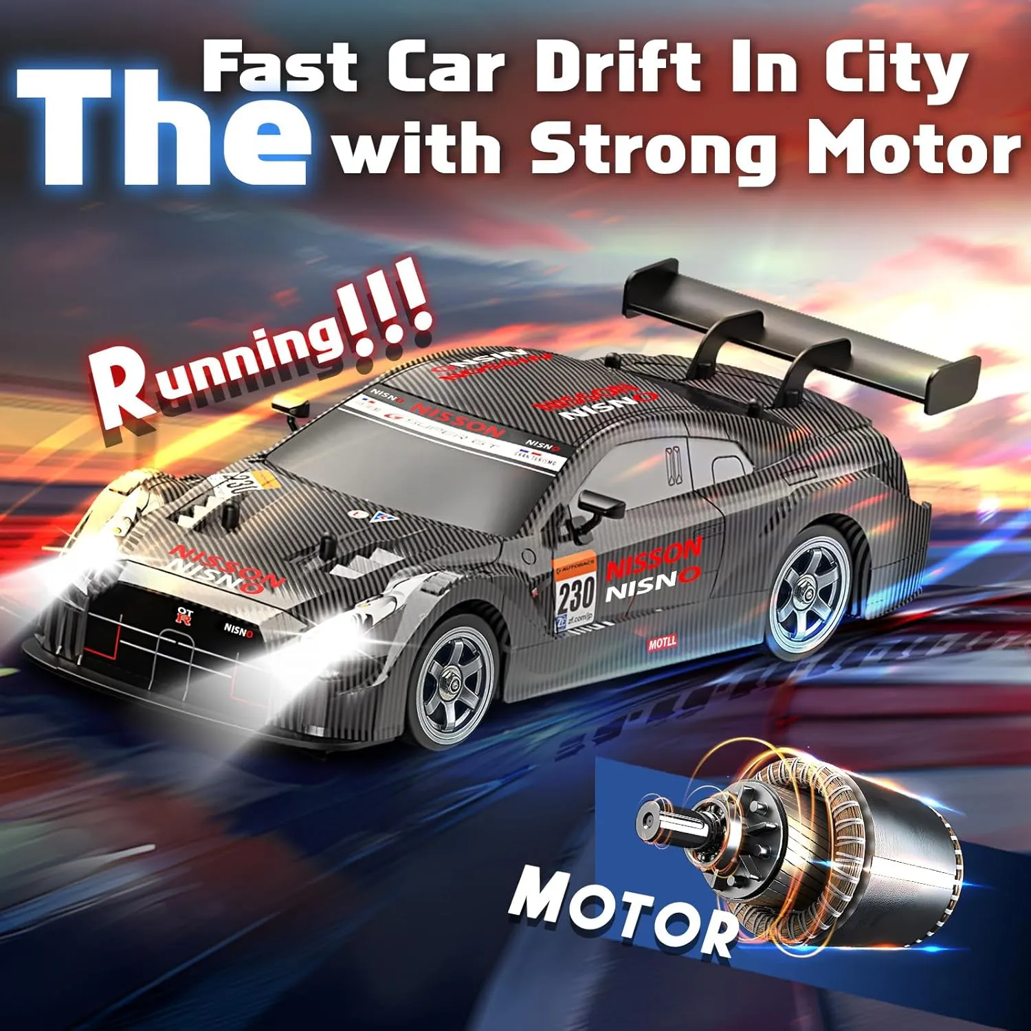 RC Drift Car 2.4GHz, 1/16 Remote Control Cars 4WD Fast Drifting Car Rechargeable RC Cars for Adults Kids Black Hobby Racing Vehicle with Lights Drifting Tire Toy for Boys