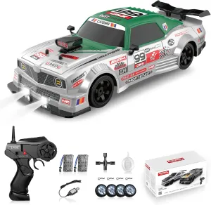 RC Drift Car 2.4GHz 1:16 Scale 4WD High Speed Remote Control Cars Vehicle with LED Lights Two Batteries and Drifting Tires Racing Sport Toy Cars for Adults Boys Girls Kids