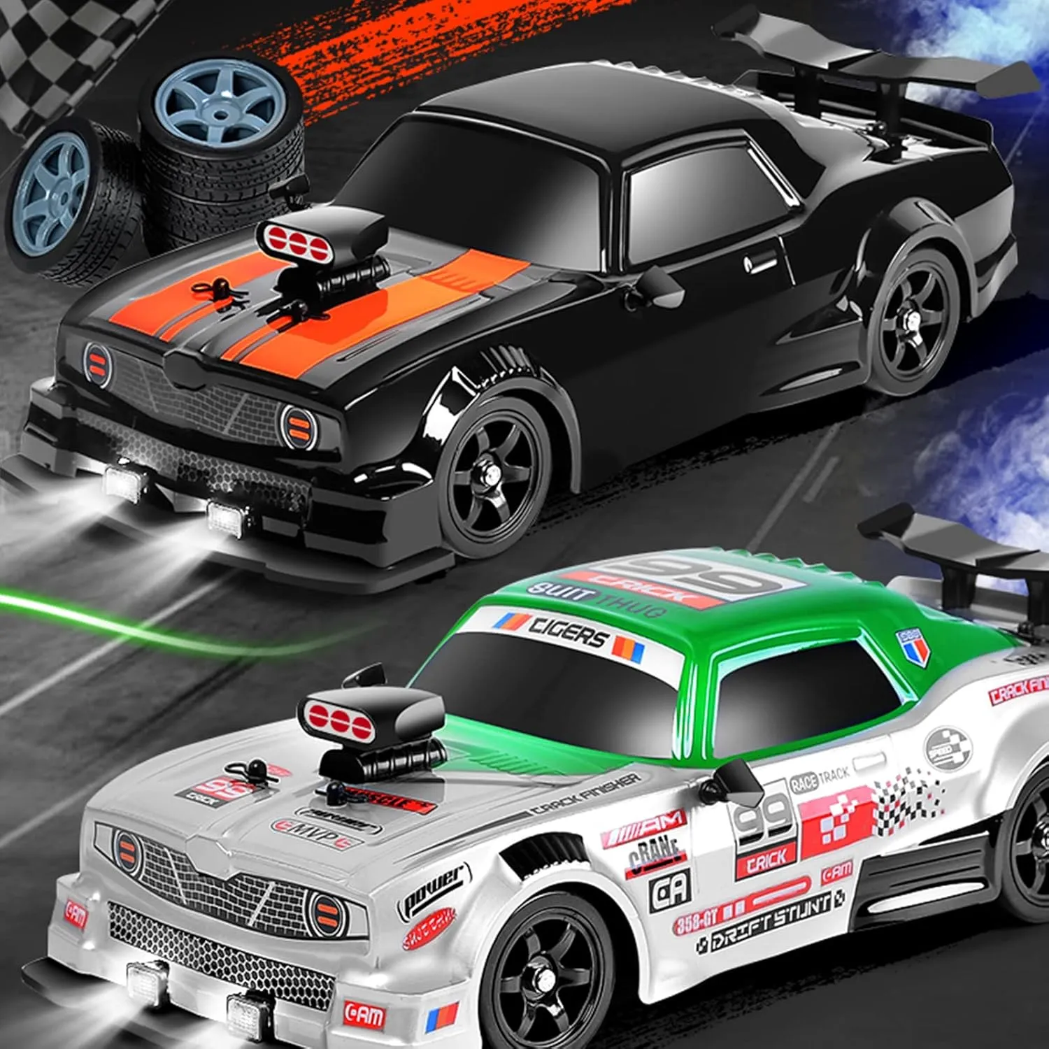 RC Drift Car 2.4GHz 1:16 Scale 4WD High Speed Remote Control Cars Vehicle with LED Lights Two Batteries and Drifting Tires Racing Sport Toy Cars for Adults Boys Girls Kids