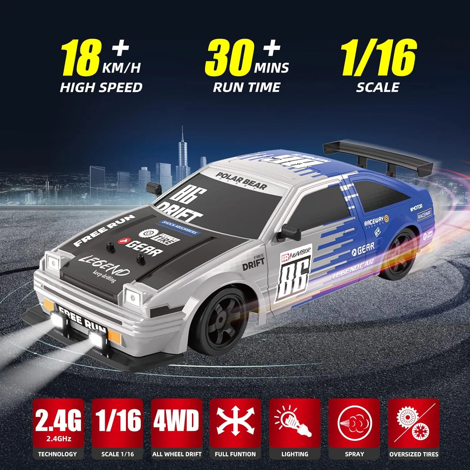 RC Drift Car 2.4GHz 1:16 Scale 4WD High Speed Remote Control Cars Vehicle with LED Lights Two Batteries and Drifting Tires Racing Sport Toy Cars for Adults Boys Girls Kids