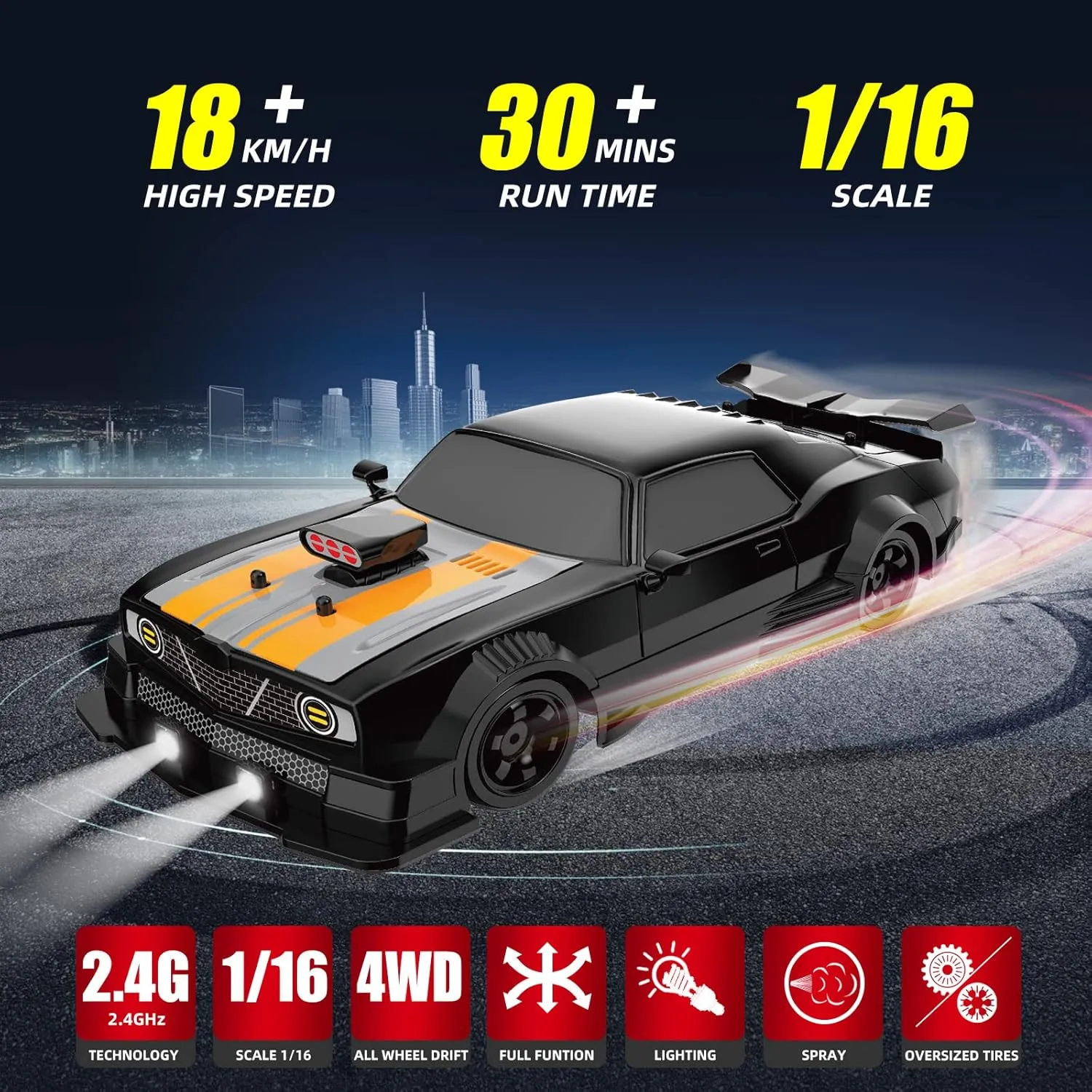 RC Drift Car 2.4GHz 1:16 Scale 4WD High Speed Remote Control Cars Vehicle with LED Lights Two Batteries and Drifting Tires Racing Sport Toy Cars for Adults Boys Girls Kids