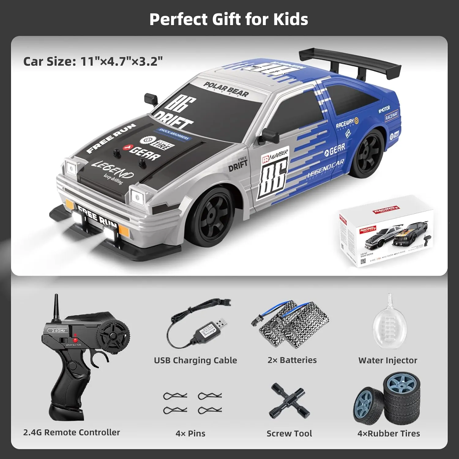 RC Drift Car 2.4GHz 1:16 Scale 4WD High Speed Remote Control Cars Vehicle with LED Lights Two Batteries and Drifting Tires Racing Sport Toy Cars for Adults Boys Girls Kids