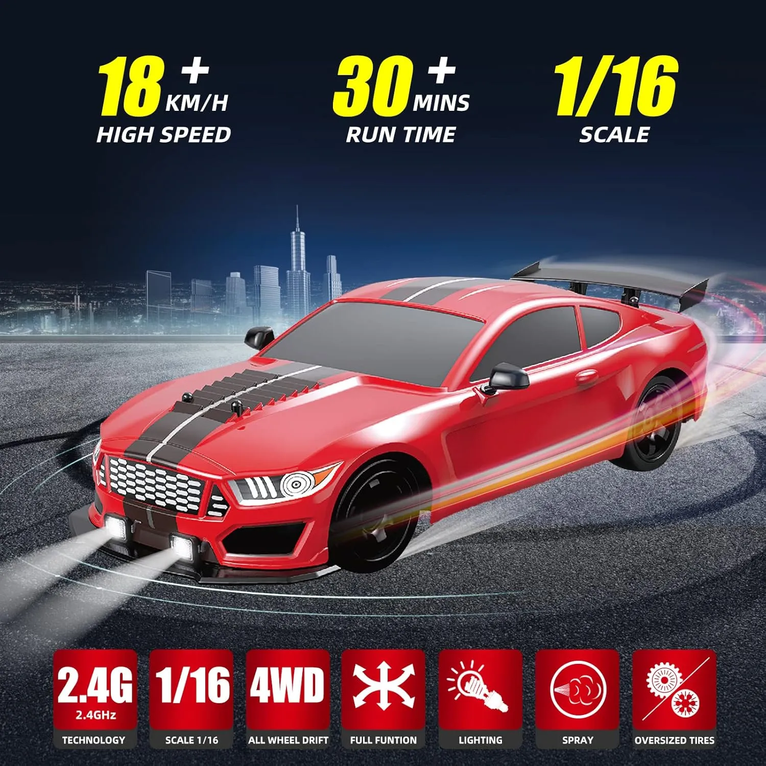 RC Drift Car 2.4GHz 1:16 Scale RC Car 4WD High Speed Remote Control Cars Vehicle with LED Lights Rechargeable Battery and Drifting Tires Racing Sport Toy Cars for Adults Boys Kids