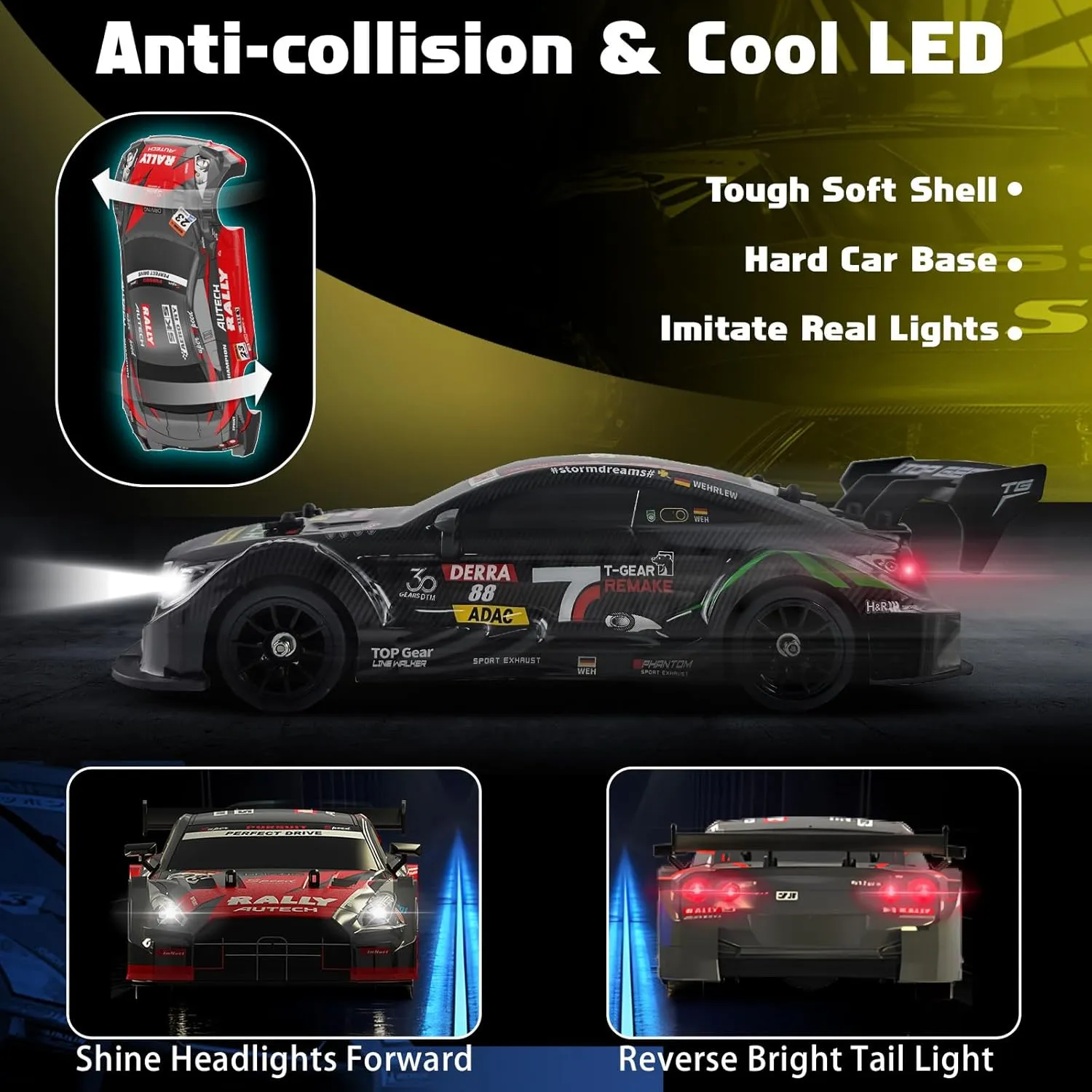 RC Drift Car for Adults, 1/16 Drifting RC Cars 4WD 2.4GHz Black Remote Control Car Hobby Racing Drifting Cars with LED Light Rechargeable Batteries and Drift Tires Toy Car for Kids Boys