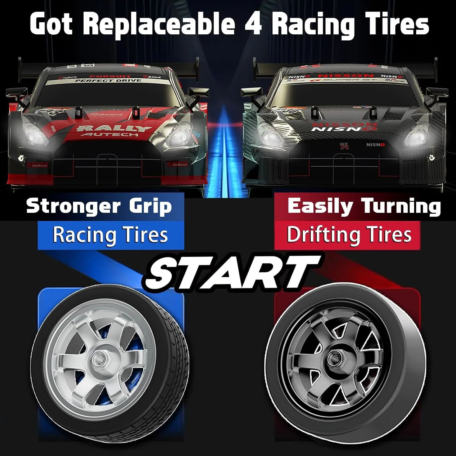 RC Drift Car for Adults, 1/16 Drifting RC Cars 4WD 2.4GHz Black Remote Control Car Hobby Racing Drifting Cars with LED Light Rechargeable Batteries and Drift Tires Toy Car for Kids Boys