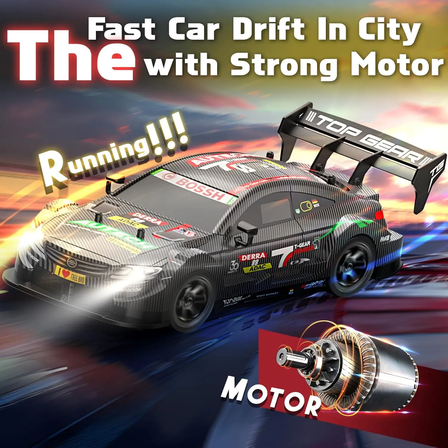 RC Drift Car for Adults, 1/16 Drifting RC Cars 4WD 2.4GHz Black Remote Control Car Hobby Racing Drifting Cars with LED Light Rechargeable Batteries and Drift Tires Toy Car for Kids Boys