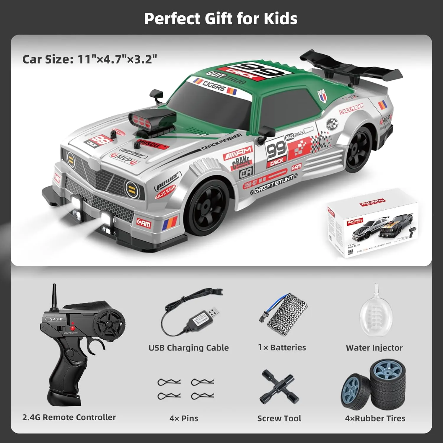 RC Drift Remote Control Car - 1/16 2.4GHz 4WD With LED Lights, Rechargeable Battery, and Drifting Tires - Toy for Adults, Boys, Kids
