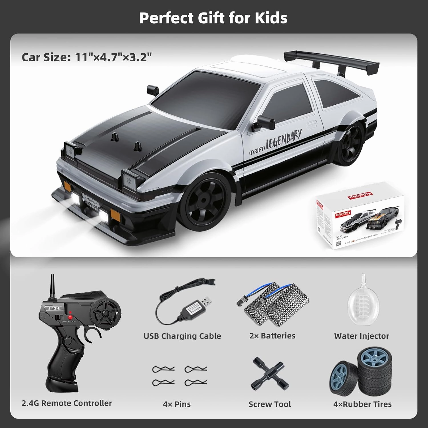 RC Drift Car 2.4GHz 1:16 Scale 4WD High Speed Remote Control Cars Vehicle with LED Lights Two Batteries and Drifting Tires Racing Sport Toy Cars for Adults Boys Girls Kids
