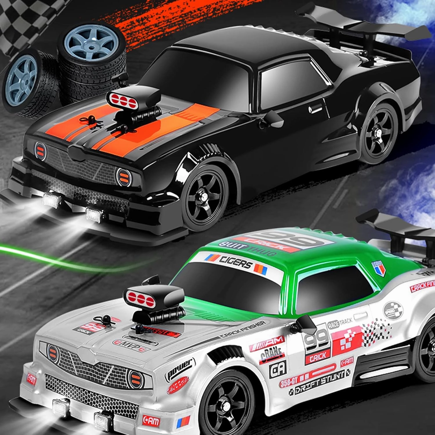 RC Drift Car 2.4GHz 1:16 Scale 4WD High Speed Remote Control Cars Vehicle with LED Lights Two Batteries and Drifting Tires Racing Sport Toy Cars for Adults Boys Girls Kids