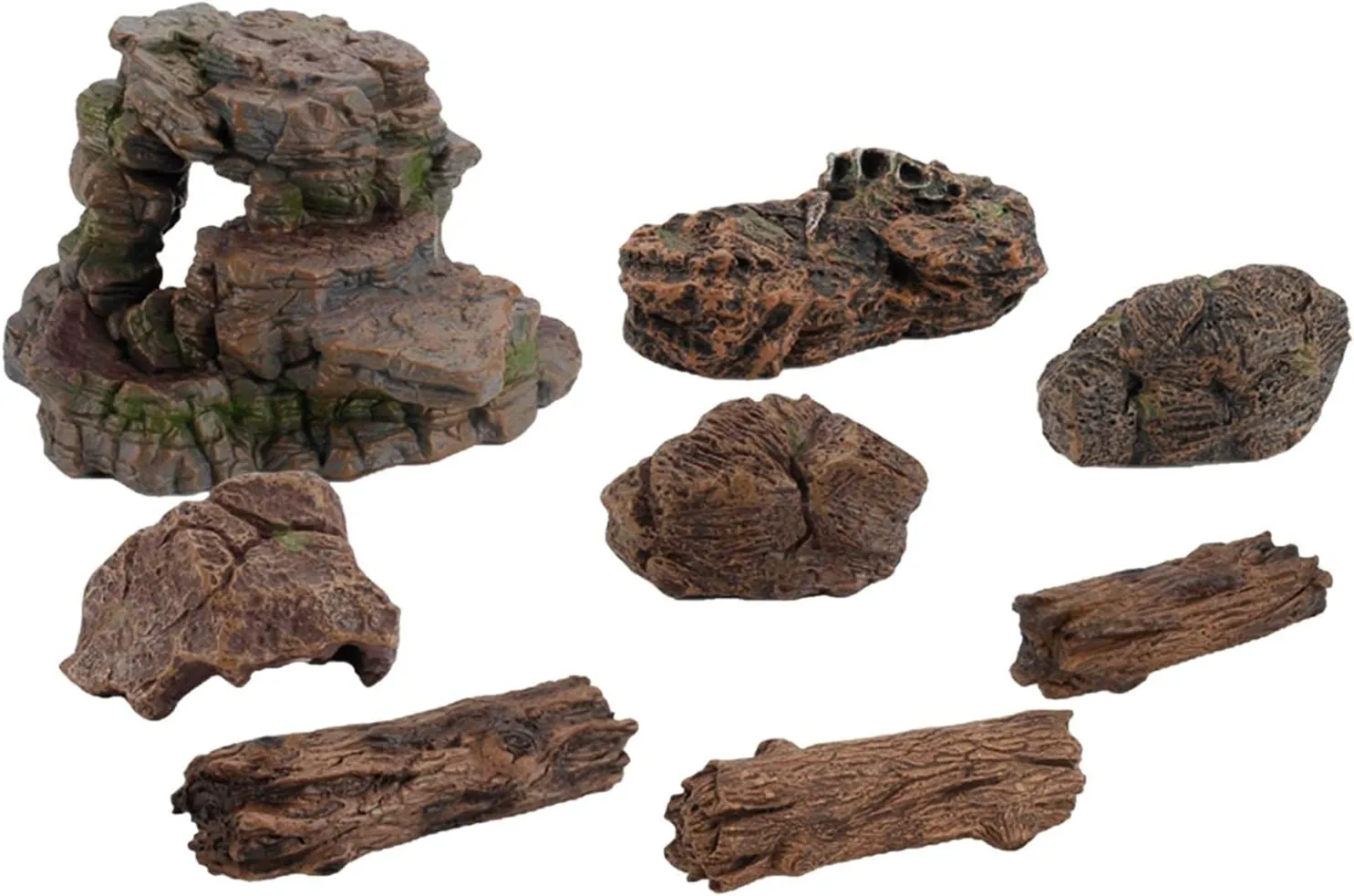 Realistic ArtificialStone Dinosaur Figure Set - Hand-Painted Model for Sand Table Decor, Indoor Ornaments - Non- and Child-Friendly - 8pcs Simulation Stones and Tree Trunks