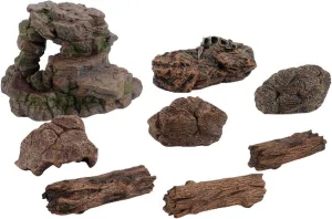 Realistic ArtificialStone Dinosaur Figure Set - Hand-Painted Model for Sand Table Decor, Indoor Ornaments - Non- and Child-Friendly - 8pcs Simulation Stones and Tree Trunks