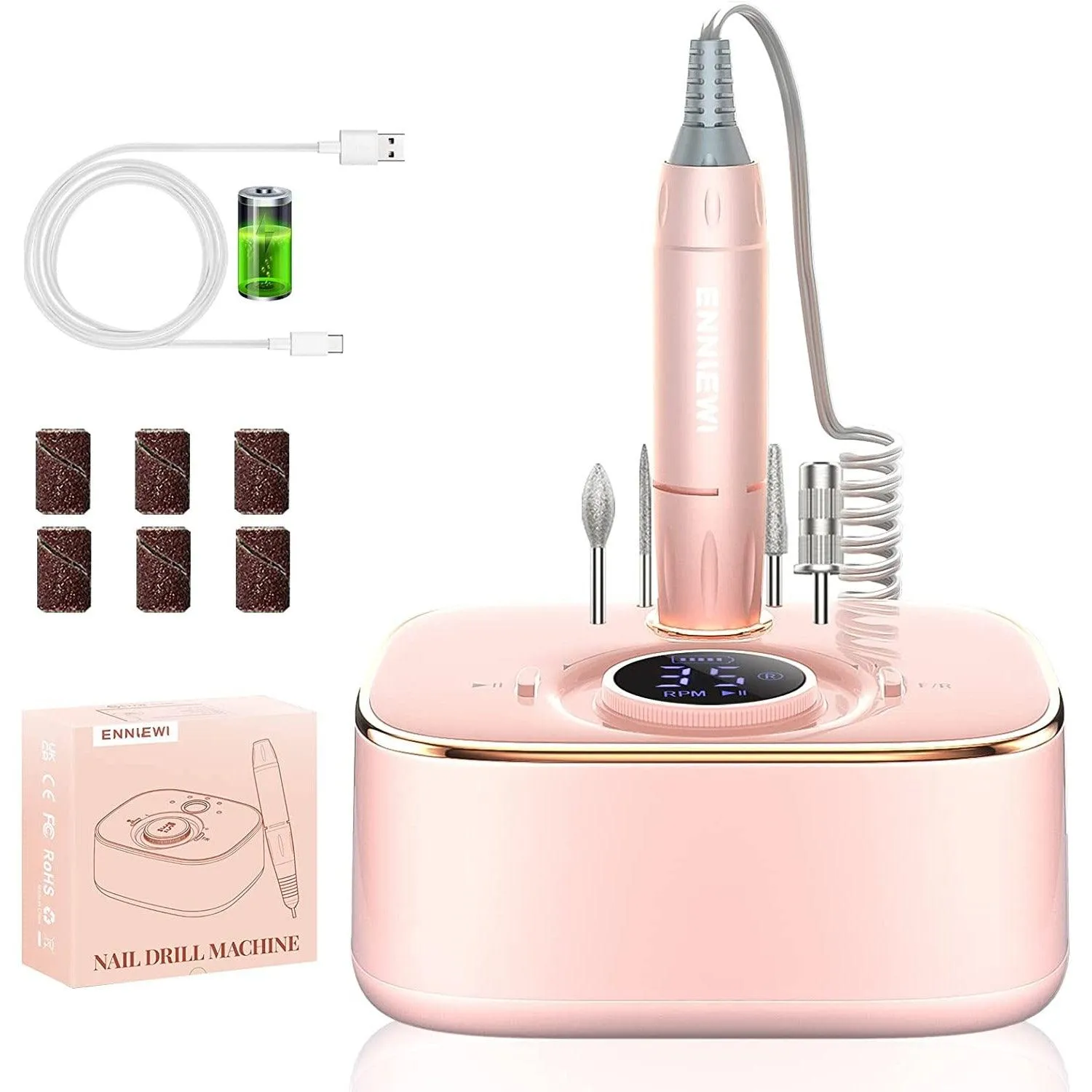 Rechargeable Nail Drill Cordless, Enniewi 35000RPM Nail File for Professional Acrylic Nails, LED Screen Pause Function for Salon Manicure Pedicure-PINK