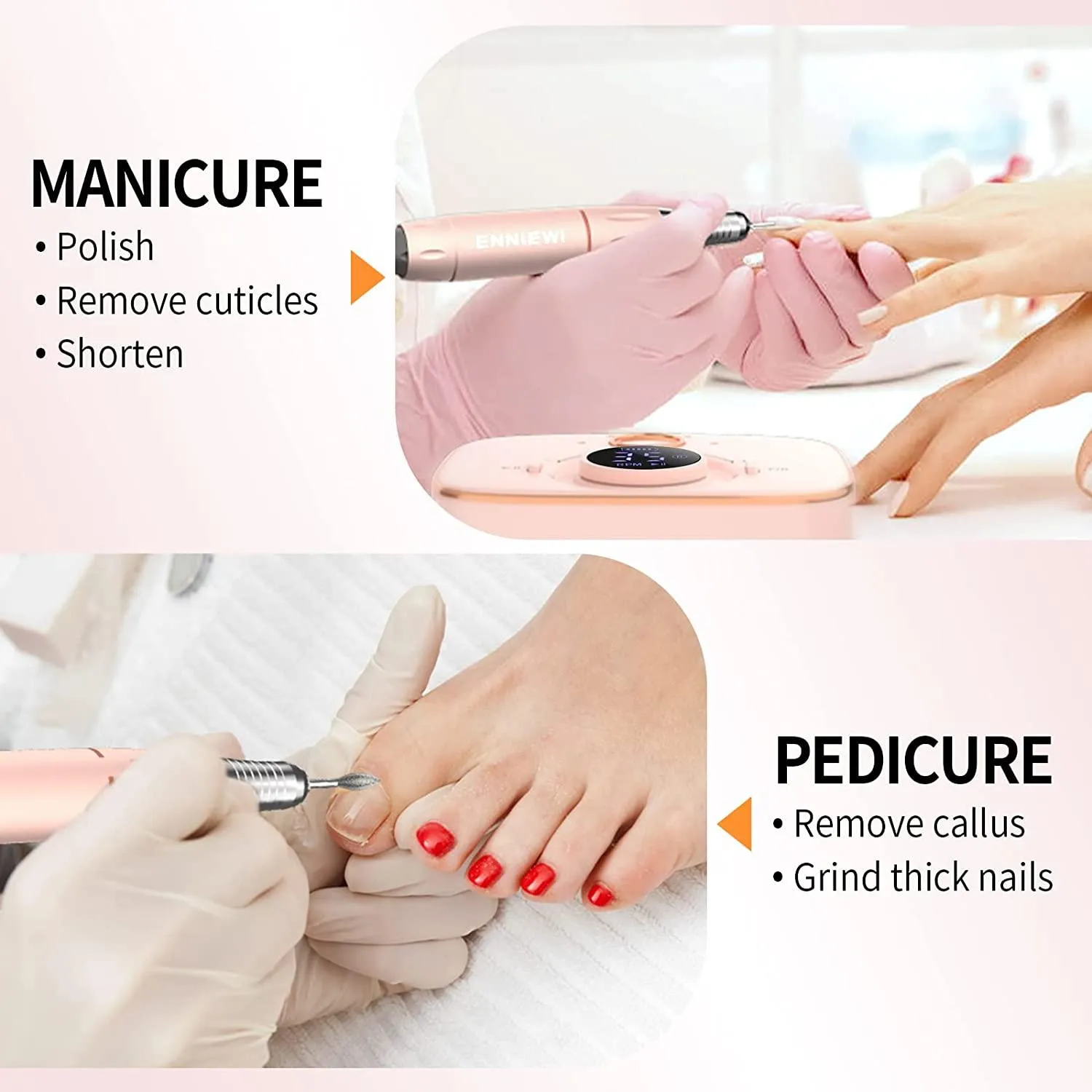 Rechargeable Nail Drill Cordless, Enniewi 35000RPM Nail File for Professional Acrylic Nails, LED Screen Pause Function for Salon Manicure Pedicure-PINK