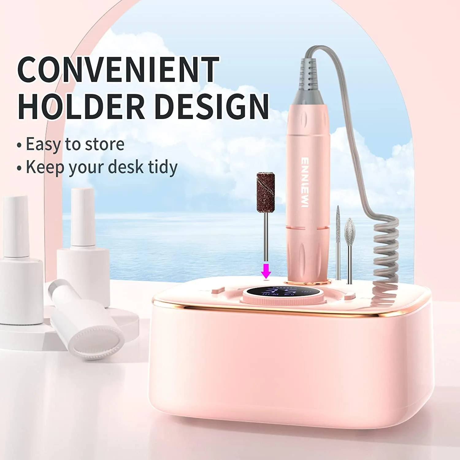Rechargeable Nail Drill Cordless, Enniewi 35000RPM Nail File for Professional Acrylic Nails, LED Screen Pause Function for Salon Manicure Pedicure-PINK