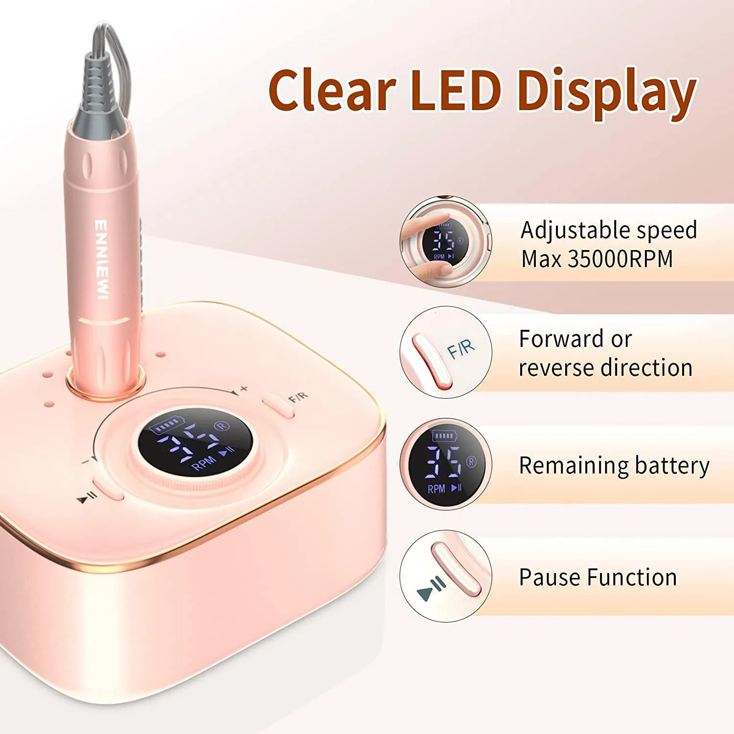 Rechargeable Nail Drill Cordless, Enniewi 35000RPM Nail File for Professional Acrylic Nails, LED Screen Pause Function for Salon Manicure Pedicure-PINK