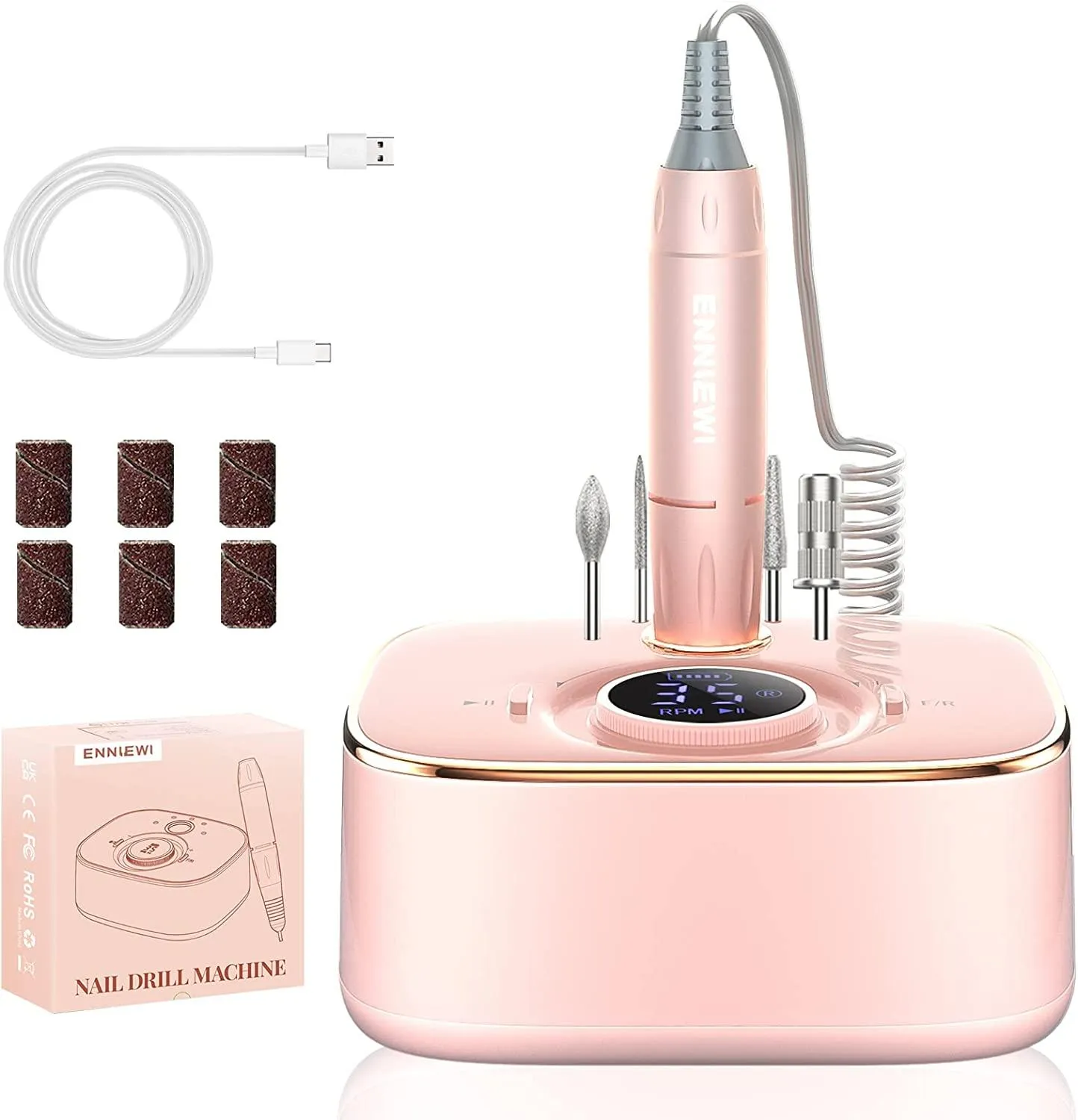 Rechargeable Nail Drill Cordless, Enniewi 35000RPM Nail File for Professional Acrylic Nails, LED Screen Pause Function for Salon Manicure Pedicure-PINK