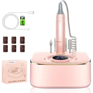 Rechargeable Nail Drill Cordless, Enniewi 35000RPM Nail File for Professional Acrylic Nails, LED Screen Pause Function for Salon Manicure Pedicure-PINK