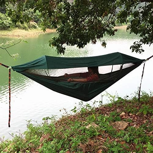Recreation 1-2 Person Portable Outdoor Camping Hammock with Awning Mosquito Net High Strength Parachute Fabric Hanging Bed Hunting Swing Gifts for Hikers