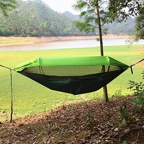 Recreation 1-2 Person Portable Outdoor Camping Hammock with Awning Mosquito Net High Strength Parachute Fabric Hanging Bed Hunting Swing Gifts for Hikers