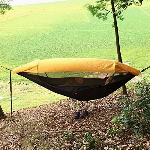 Recreation 1-2 Person Portable Outdoor Camping Hammock with Awning Mosquito Net High Strength Parachute Fabric Hanging Bed Hunting Swing Gifts for Hikers