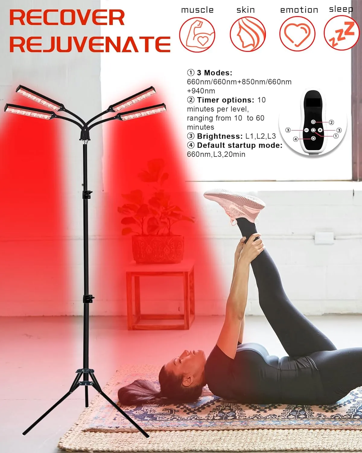 Red Light Therapy Lamp for Body Treatment with Adjustable Height Stand, 660nm, 850,940nm - Alleviate Muscle Soreness,4head B