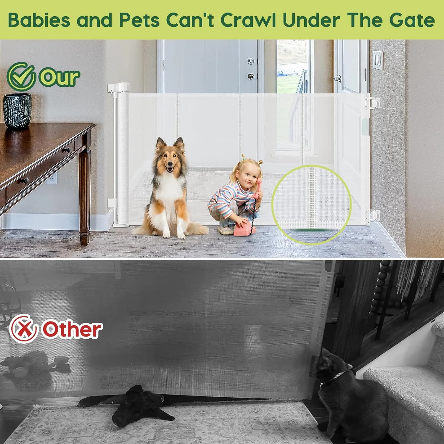 Reinforced 55" Wide Retractable Baby Gate Outdoor Retractable Gate with Reinforced Bar Mesh Baby Gate Retractable Dog Gate Retractable Mesh Gate for Kids and Pets Safety Retractable Pet Gate for Stair