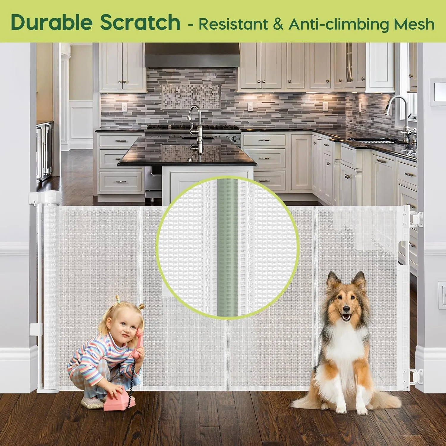 Reinforced 55" Wide Retractable Baby Gate Outdoor Retractable Gate with Reinforced Bar Mesh Baby Gate Retractable Dog Gate Retractable Mesh Gate for Kids and Pets Safety Retractable Pet Gate for Stair