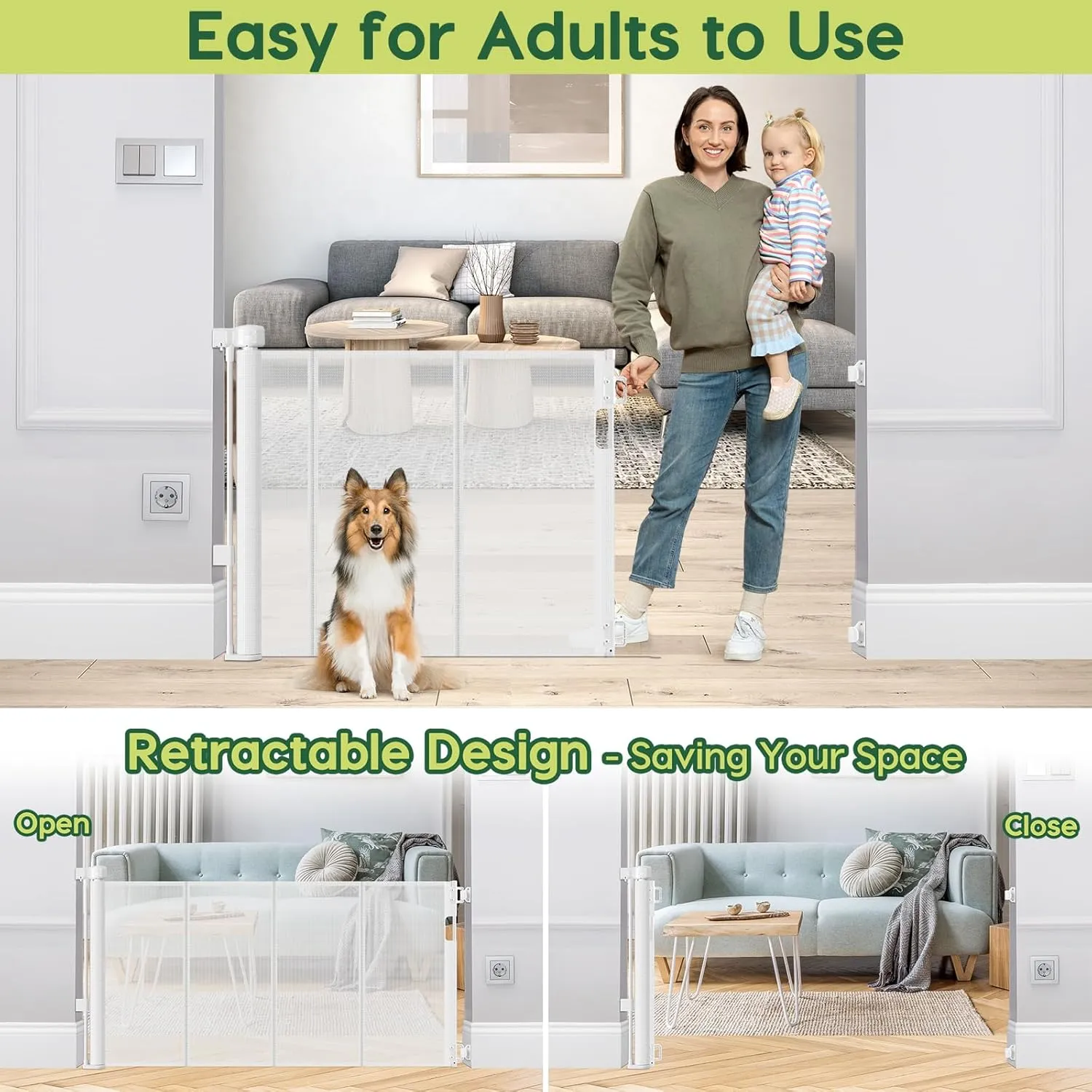 Reinforced 55" Wide Retractable Baby Gate Outdoor Retractable Gate with Reinforced Bar Mesh Baby Gate Retractable Dog Gate Retractable Mesh Gate for Kids and Pets Safety Retractable Pet Gate for Stair