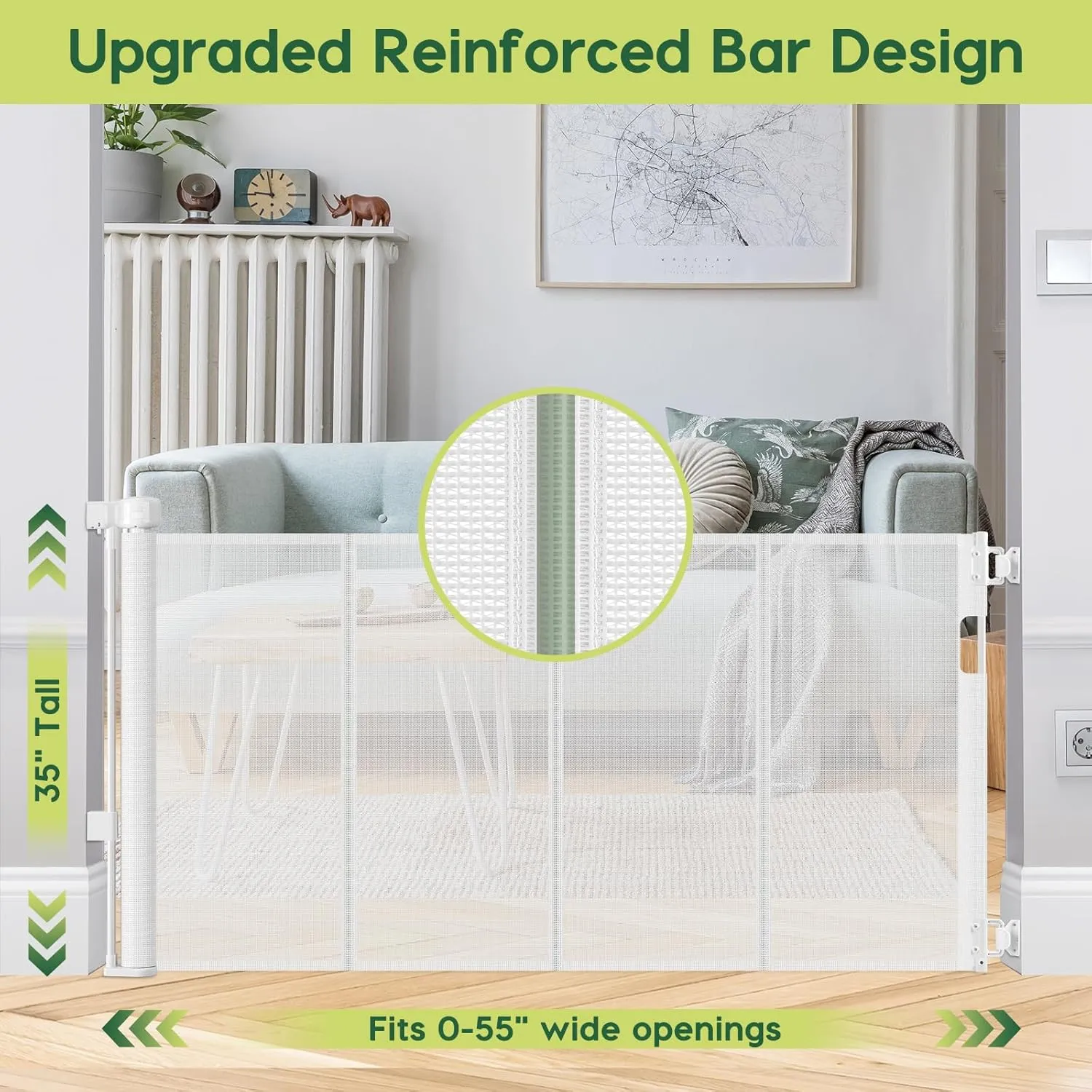Reinforced 55" Wide Retractable Baby Gate Outdoor Retractable Gate with Reinforced Bar Mesh Baby Gate Retractable Dog Gate Retractable Mesh Gate for Kids and Pets Safety Retractable Pet Gate for Stair