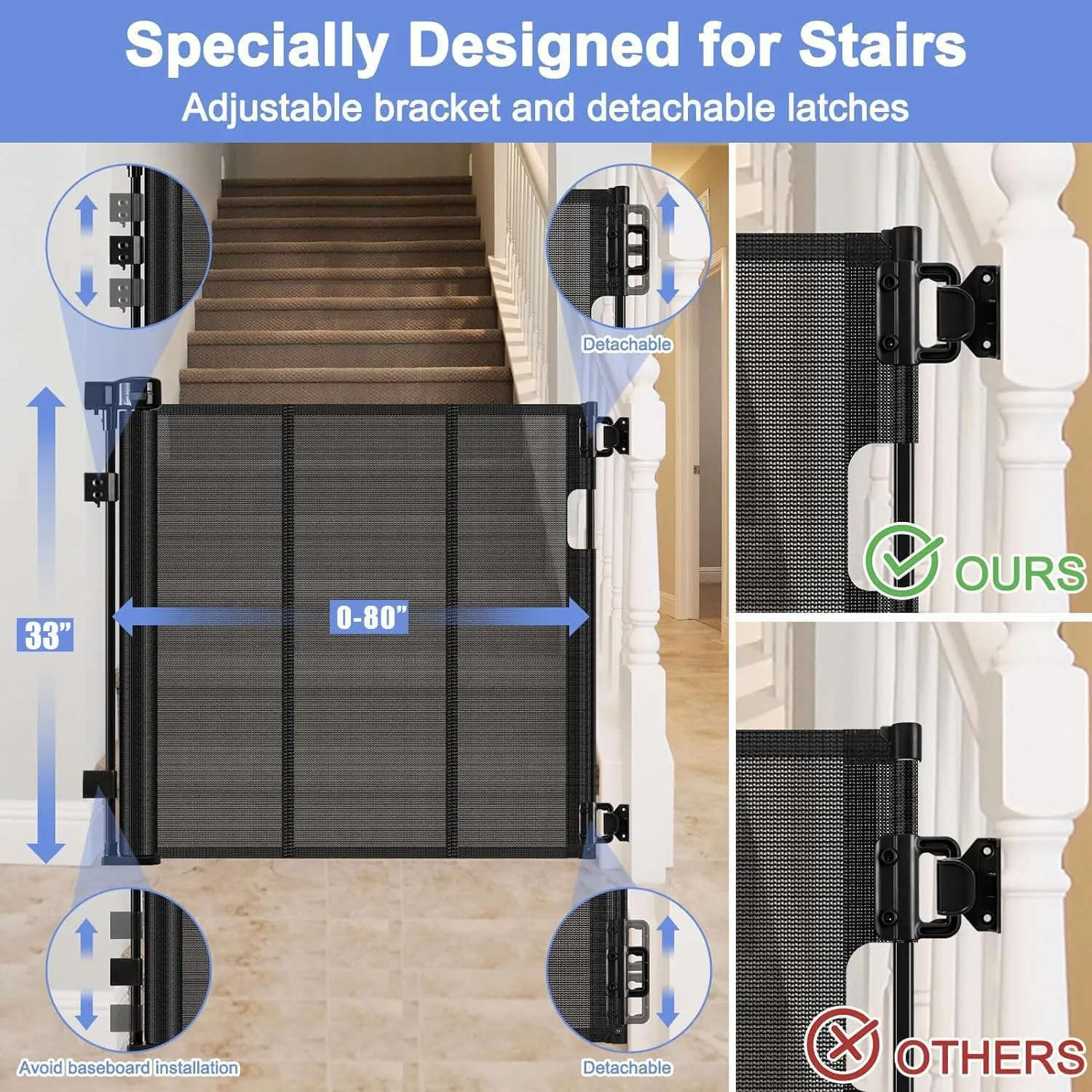 Reinforced Bottom Outdoor Retractable Gate for Stairs with Reinforced Bars Prevents Bottom Drilling Through Baby and Pet 80 Inch Extra Wide Retractable Baby Gates for Stairs Retractable Dog Gate