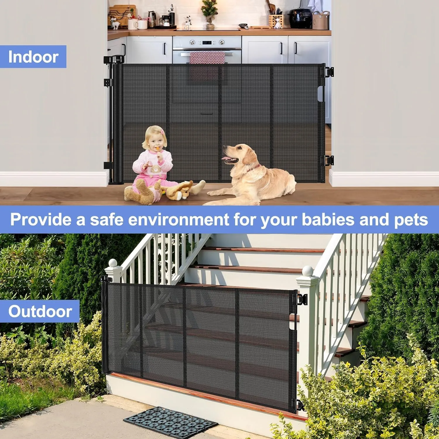 Reinforced Bottom Outdoor Retractable Gate for Stairs with Reinforced Bars Prevents Bottom Drilling Through Baby and Pet 80 Inch Extra Wide Retractable Baby Gates for Stairs Retractable Dog Gate