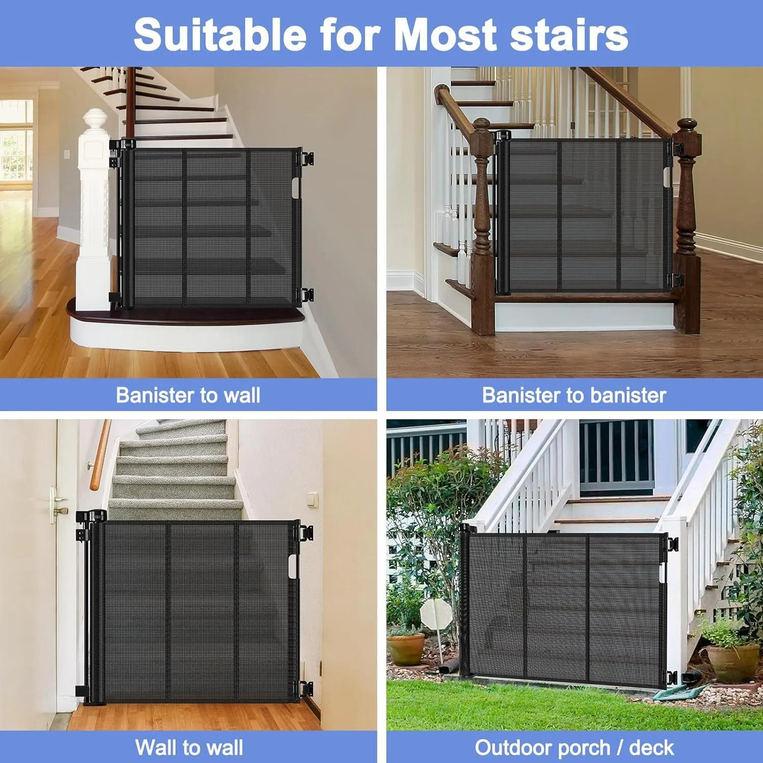 Reinforced Bottom Outdoor Retractable Gate for Stairs with Reinforced Bars Prevents Bottom Drilling Through Baby and Pet 80 Inch Extra Wide Retractable Baby Gates for Stairs Retractable Dog Gate