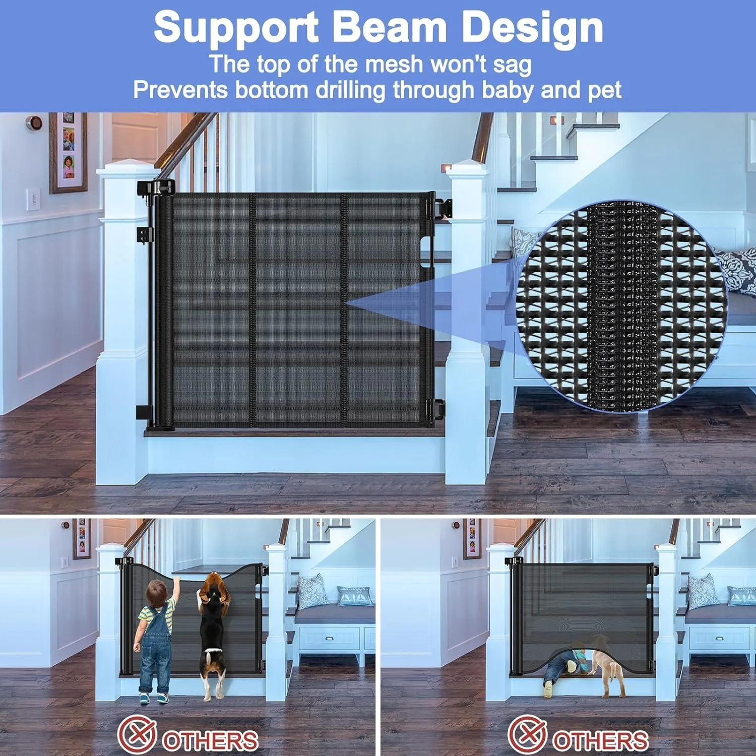 Reinforced Bottom Outdoor Retractable Gate for Stairs with Reinforced Bars Prevents Bottom Drilling Through Baby and Pet 80 Inch Extra Wide Retractable Baby Gates for Stairs Retractable Dog Gate