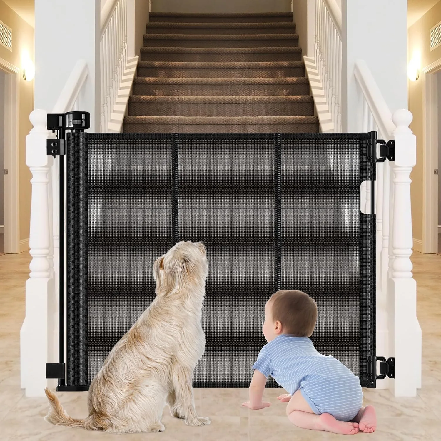Reinforced Bottom Outdoor Retractable Gate for Stairs with Reinforced Bars Prevents Bottom Drilling Through Baby and Pet 80 Inch Extra Wide Retractable Baby Gates for Stairs Retractable Dog Gate