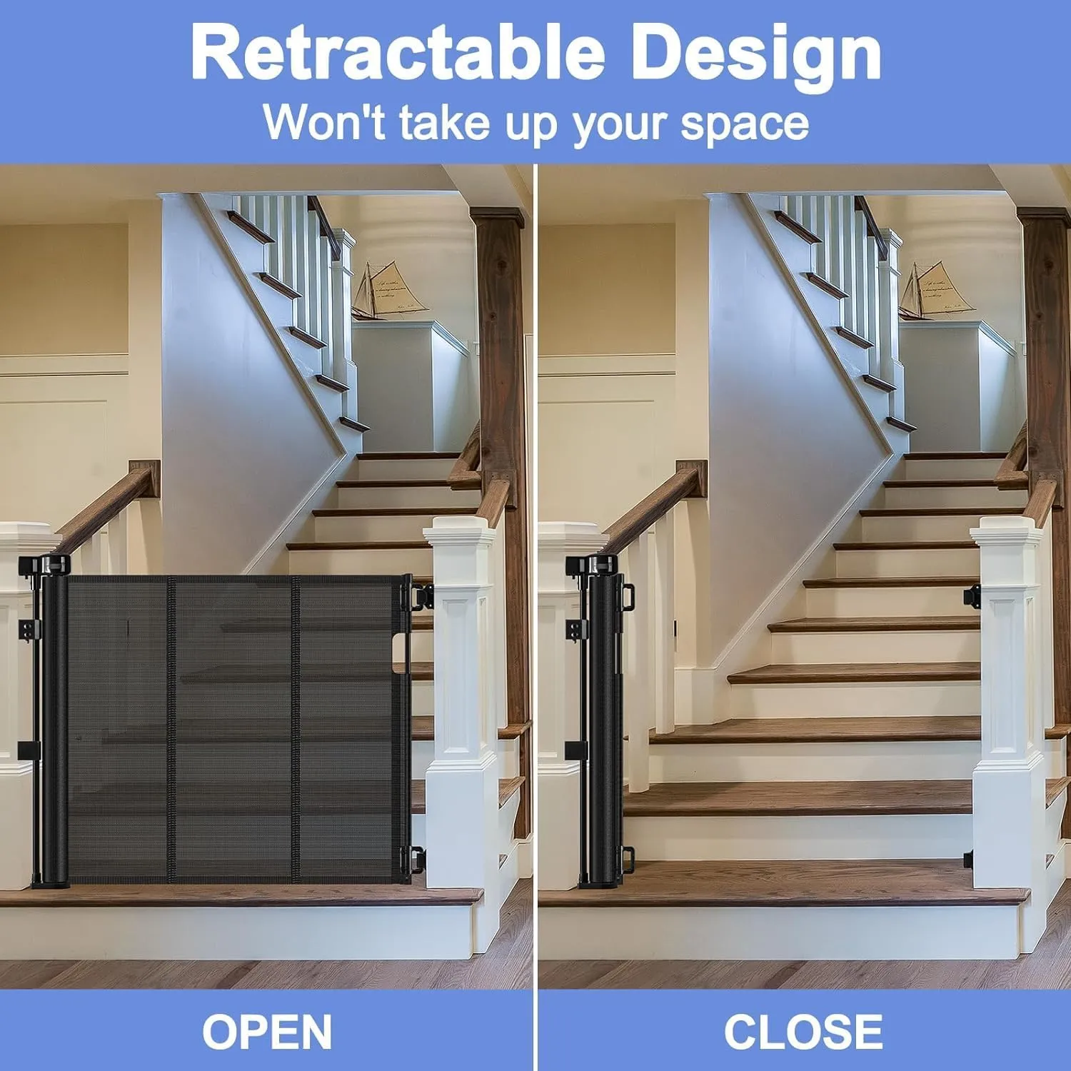 Reinforced Bottom Outdoor Retractable Gate for Stairs with Reinforced Bars Prevents Bottom Drilling Through Baby and Pet 80 Inch Extra Wide Retractable Baby Gates for Stairs Retractable Dog Gate