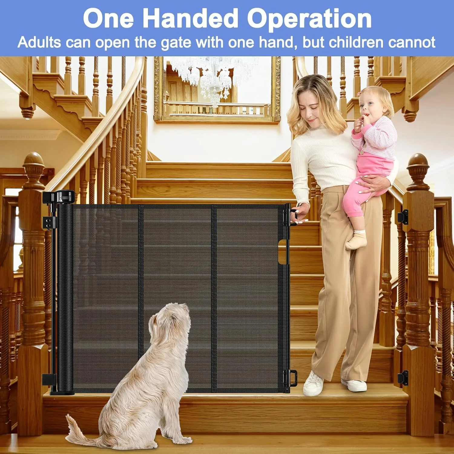 Reinforced Bottom Outdoor Retractable Gate for Stairs with Reinforced Bars Prevents Bottom Drilling Through Baby and Pet 80 Inch Extra Wide Retractable Baby Gates for Stairs Retractable Dog Gate