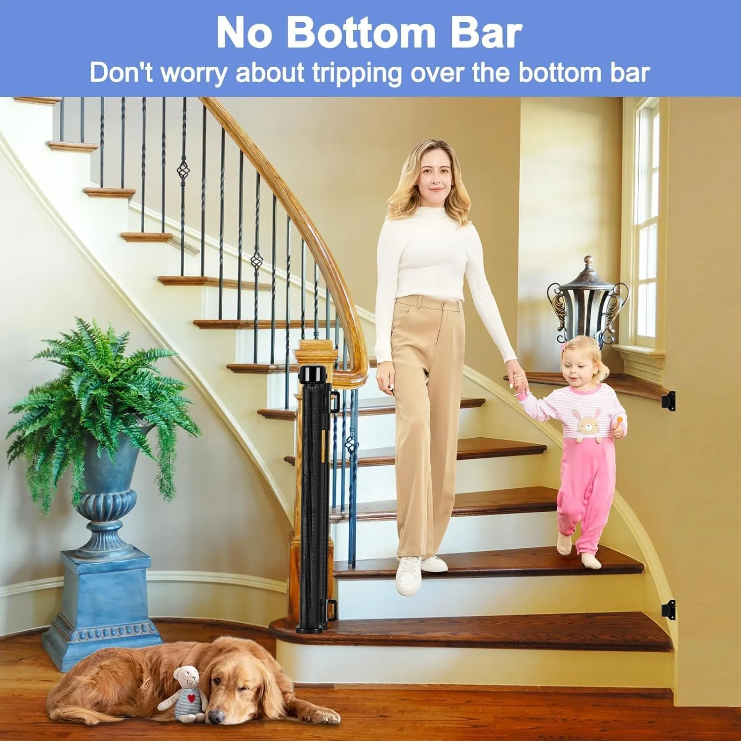 Reinforced Bottom Outdoor Retractable Gate for Stairs with Reinforced Bars Prevents Bottom Drilling Through Baby and Pet 80 Inch Extra Wide Retractable Baby Gates for Stairs Retractable Dog Gate
