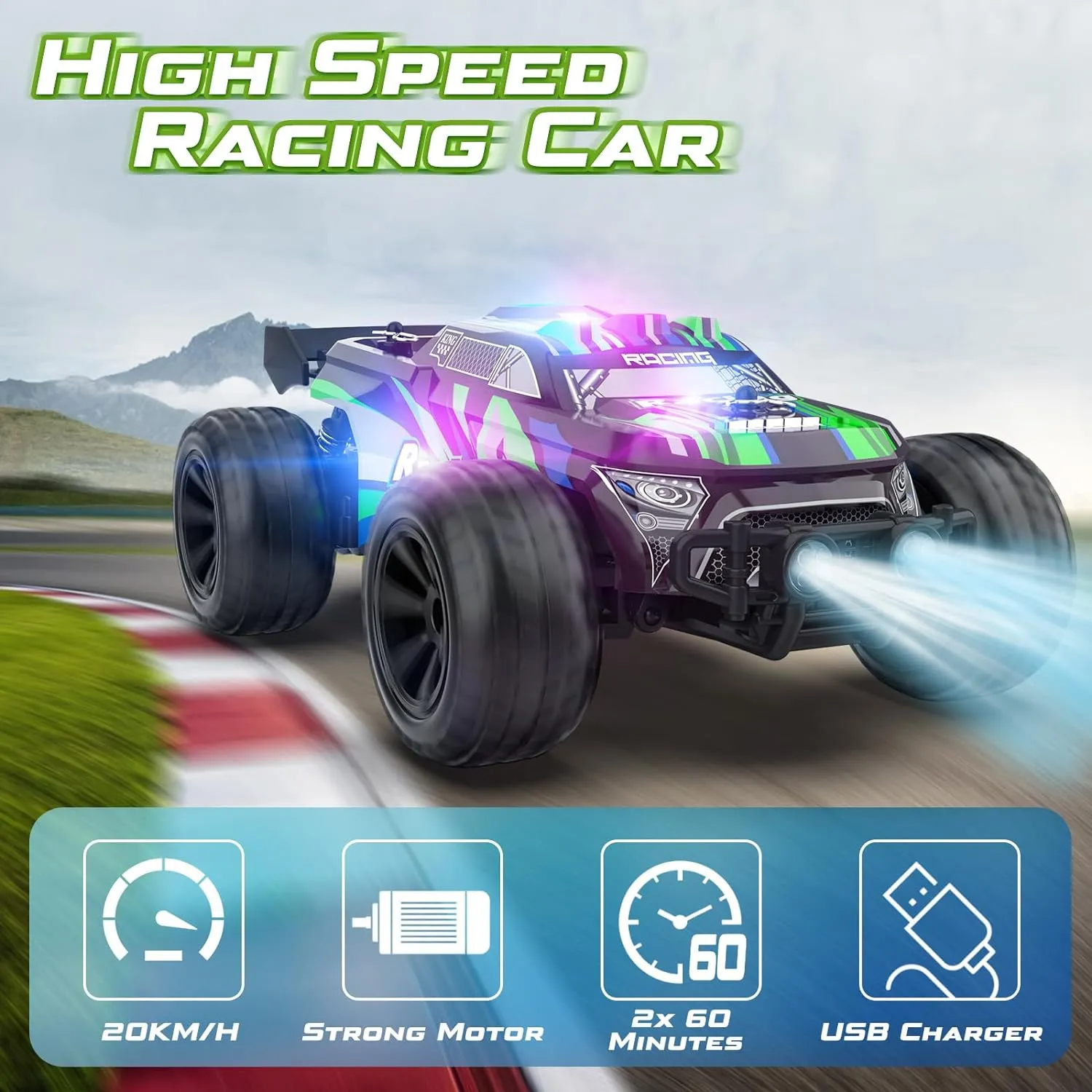 Remote Control Car - 20km/h 2.4GHz High Speed RC Cars, Off Road Hobby RC Racing Car with 2 Rechargeable Batteries & LedLights, Toy Car Gift for 3 4 5 6 7 8 Year Old Boys Girls Kids
