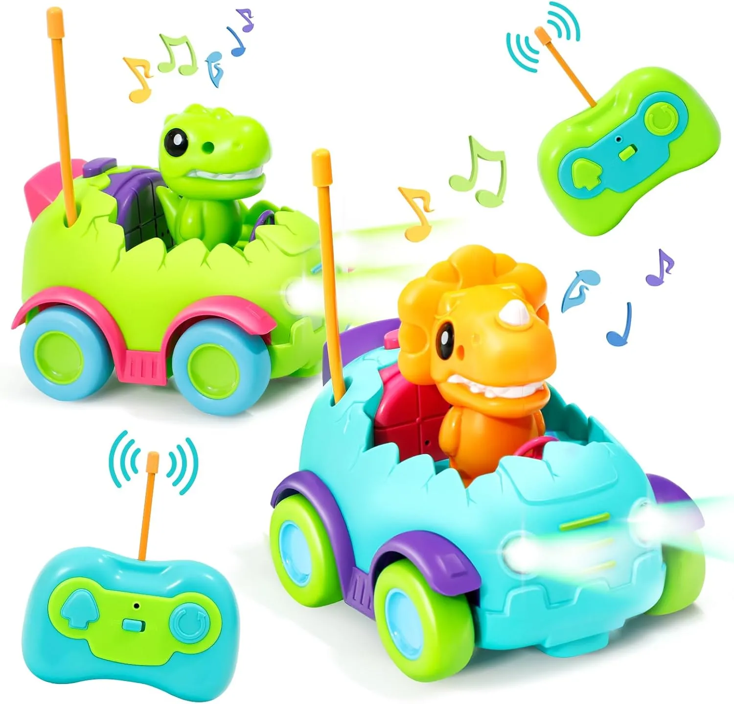 Remote Control Car for Toddlers 2-6, Valentine's Day Gift 2 Pack Electric RC Car Toys with Light & Music, Dinosaur Toys for Kids, Birthday Gift Toys for Toddlers.