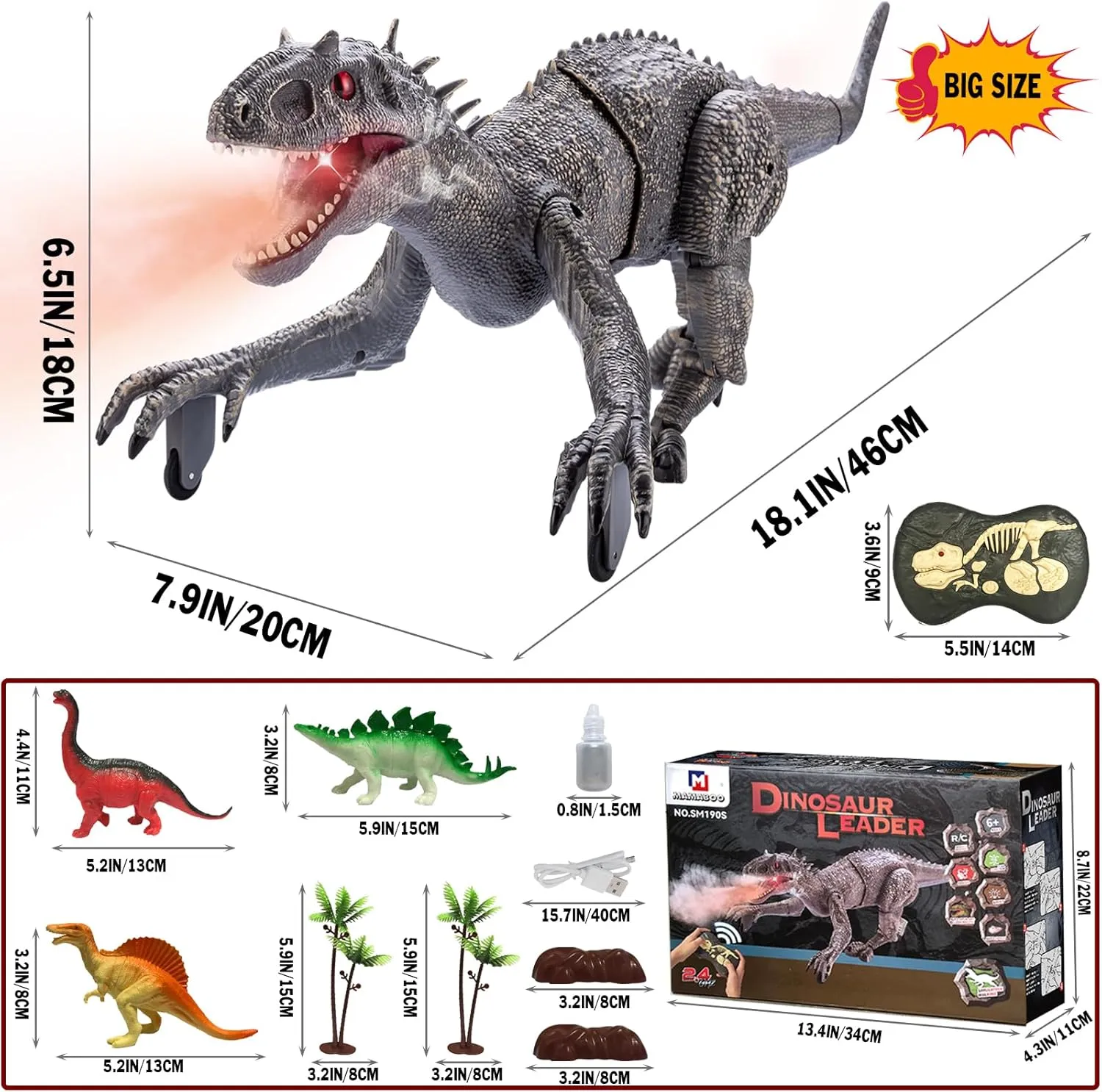 Remote Control Dinosaur Jurassic T Rex Toys for Boys Electronic RC Spray Raptor 2.4Ghz Walking Roaring Tyrannosaurus Rex Realistic 18.1" Rechargeable Birthday Gift for Kids Girls 3 4 5 6 7