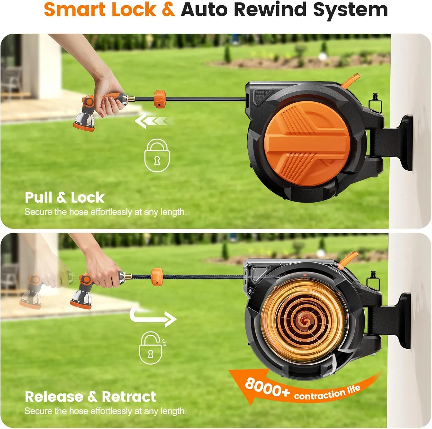 Retractable Garden Hose Reel 1/2” x 100ft, Auto Rewind Hose Reels for Outside, Heavy-Duty Wall-Mounted Outdoor Hose, 10-Mode Nozzle, Adjustable Length, 180° Rotation for Watering, Car & Pet Washing