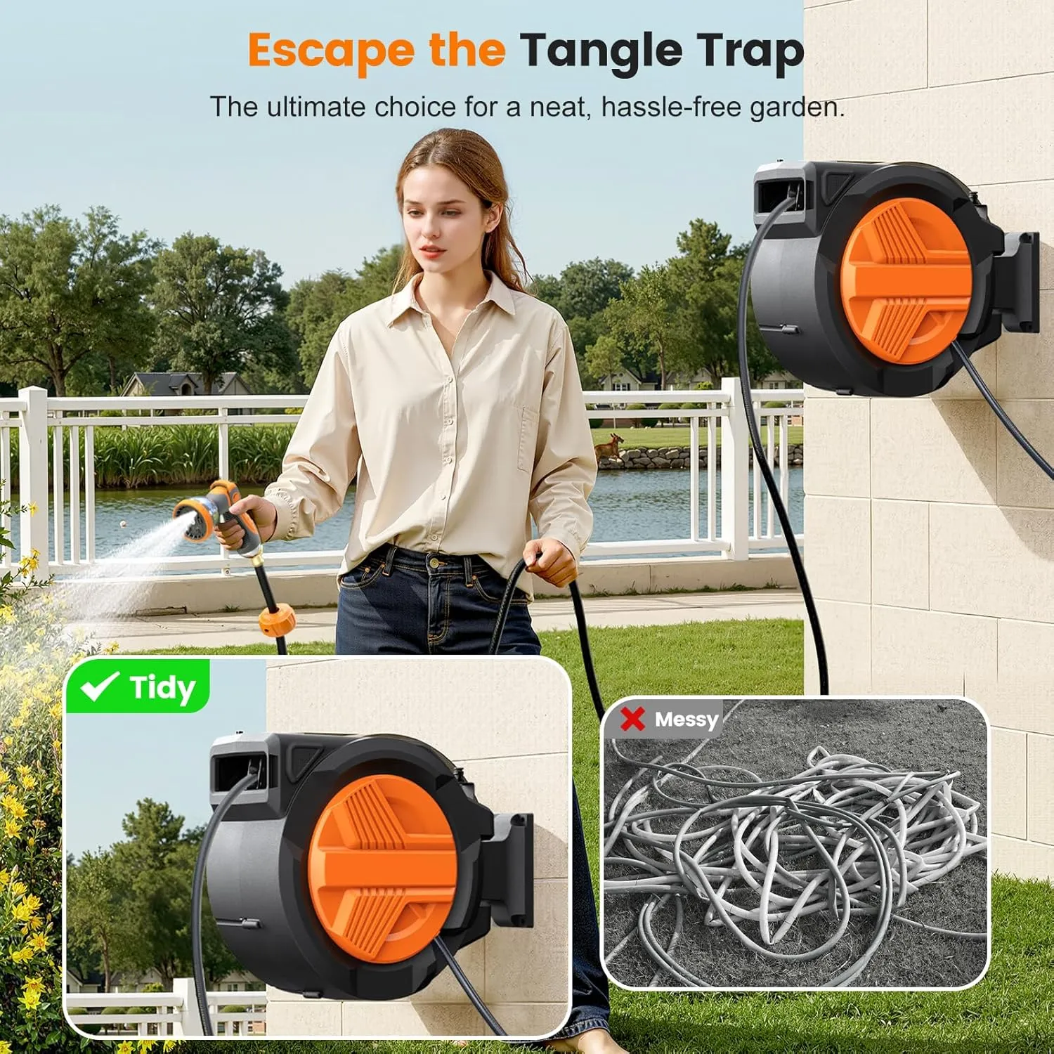 Retractable Garden Hose Reel 1/2” x 100ft, Auto Rewind Hose Reels for Outside, Heavy-Duty Wall-Mounted Outdoor Hose, 10-Mode Nozzle, Adjustable Length, 180° Rotation for Watering, Car & Pet Washing