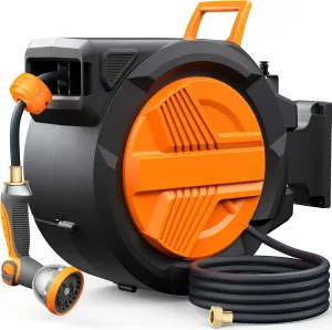 Retractable Garden Hose Reel 1/2” x 100ft, Auto Rewind Hose Reels for Outside, Heavy-Duty Wall-Mounted Outdoor Hose, 10-Mode Nozzle, Adjustable Length, 180° Rotation for Watering, Car & Pet Washing