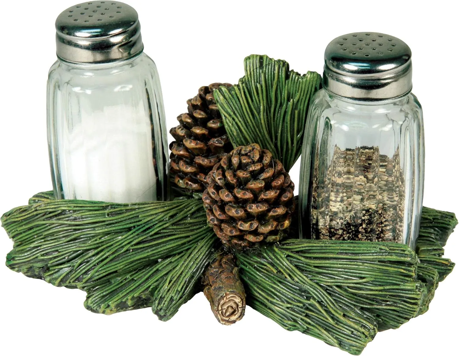 Rivers Edge Products Salt and Pepper Shakers Set, Unique Poly Resin and Glass Spice Dispenser, Novelty Kitchen Counter Decor, Pinecone
