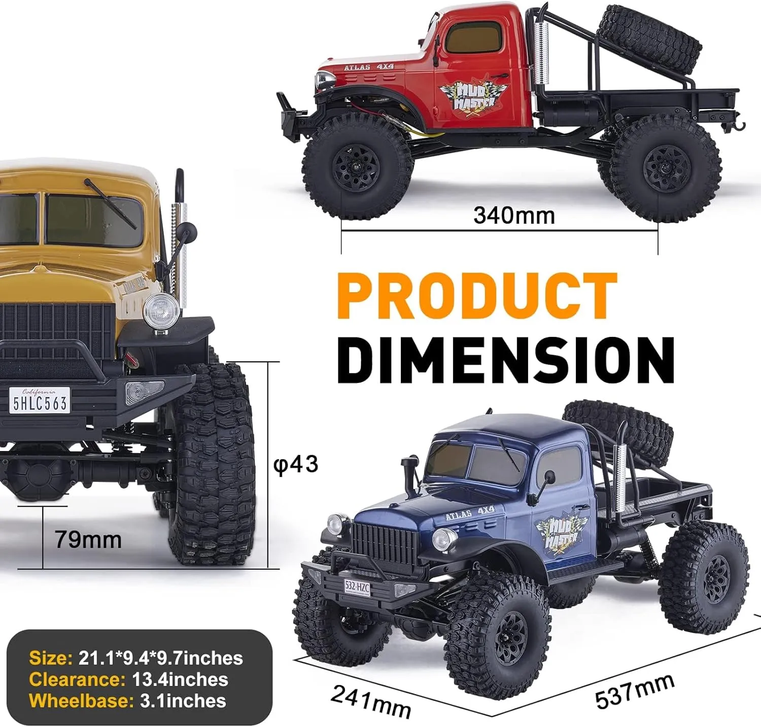 RocHobby Atlas 1/10 RC Crawler, 2.4Ghz RC Rock Truck Off Road, RC Car Indoor&Outdoor 2 in 1, RC Rock Crawler 4x4 Hobby Grade for Adults Need to Complete with Battery (Orange)