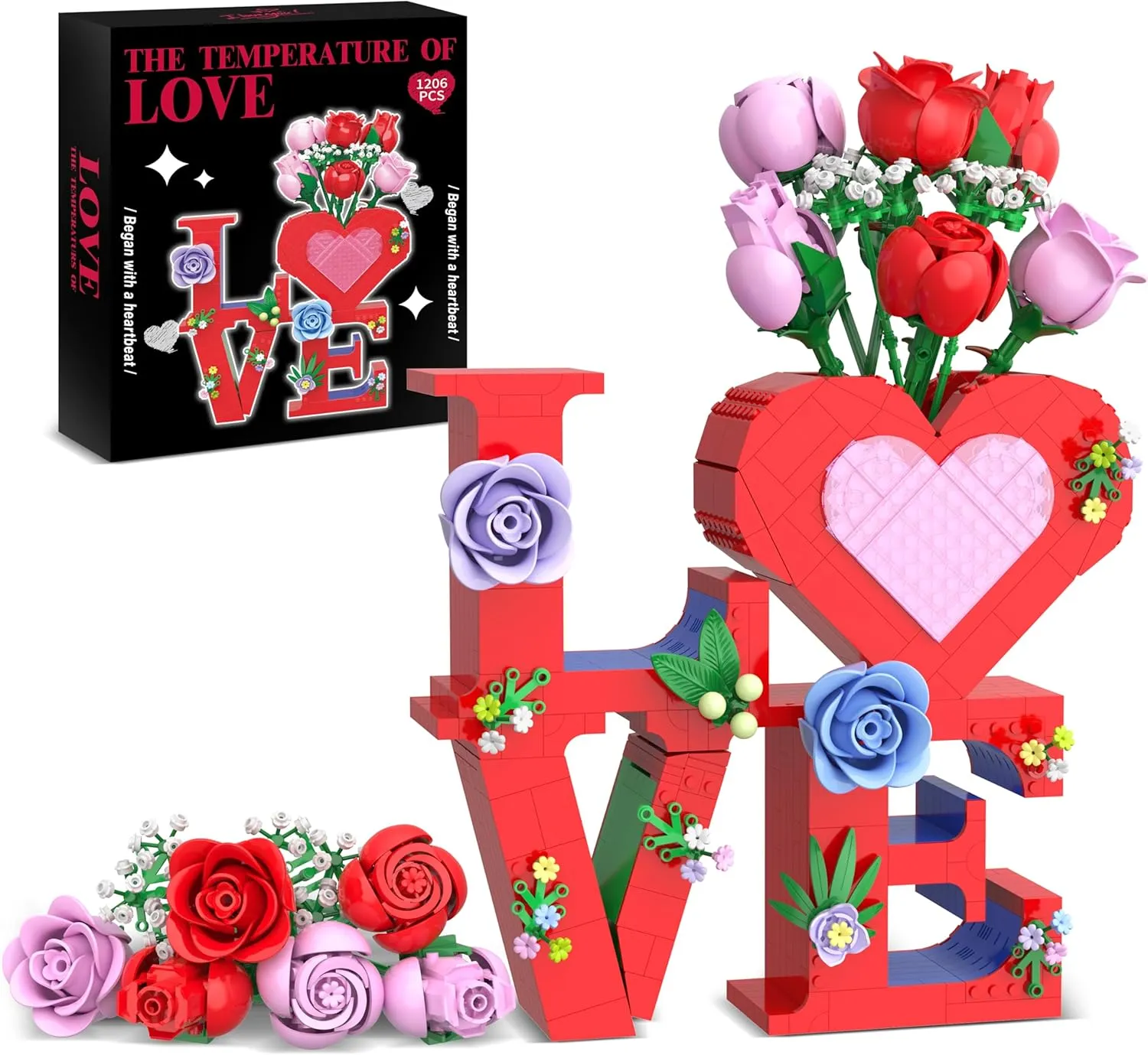 Romantic Love Heart Vase Building Set - 1216 Pcs Rose Flower Bouquet Building Kit for Adults - Creative Anniversaries Gifts for Women & Men, Unique Valentine’s Day Gifts for Her Him