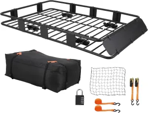Roof Rack Carrier Basket Universal Rooftop - 200Lb Capacity, Large Size Adjustable Roof Basket (64”x39”x6”) Lockable Waterproof Cargo Bag (52”x39”x15”), and Cargo Net with Ratchet Straps
