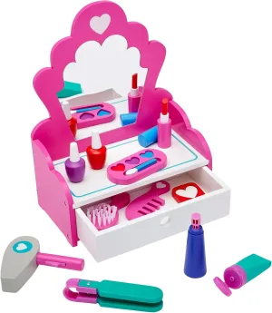 RoseArt Wooden Fashion Vanity Play Set, 12 Piece Pretend Play Hair, Mirror & Makeup Role Play Set for Ages 3 and Up